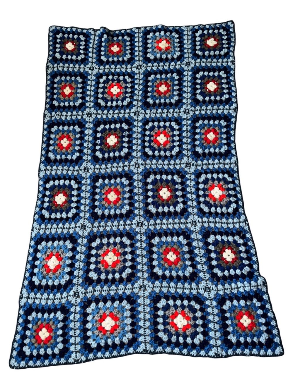 Vintage Handmade Granny Square Crochet Afghan Blanket Red, white, blue and gray